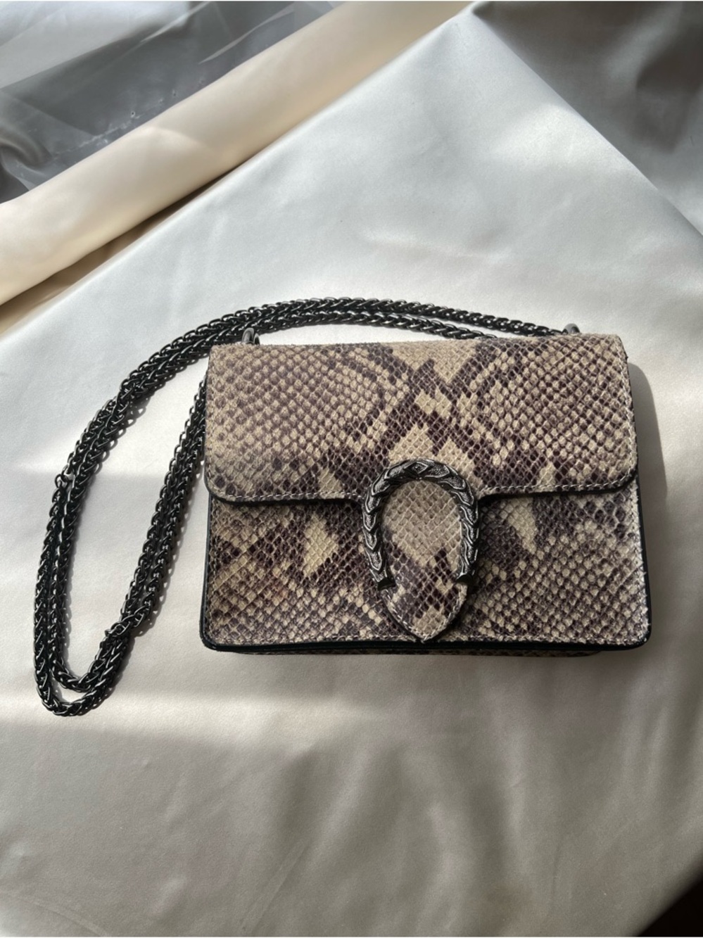 Snake-Print Leather Crossbody Bag in Taupe